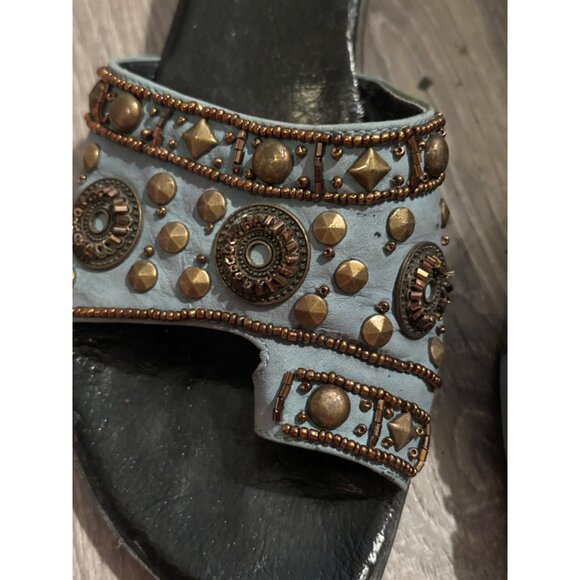 VanEli Studded Blue Leather Slip On Wedge Sandals Bronze Embellishments - Picture 4 of 8